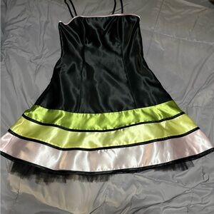 Elegant Jessica McClintock women’s 11 satin black w/pastel strips bubble hem Y2K
